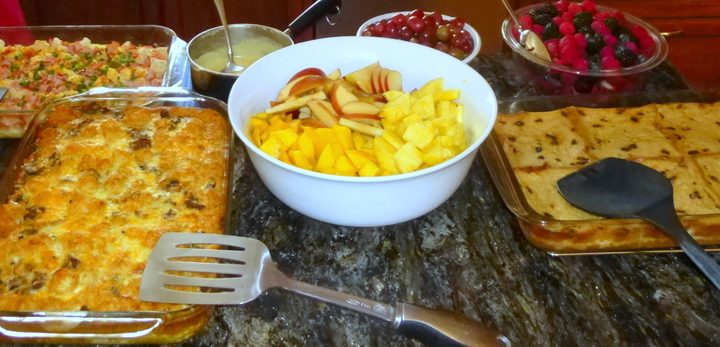 french toast casserole, sausage/potato breakfast casserole, eggs benedict casserole, fruit