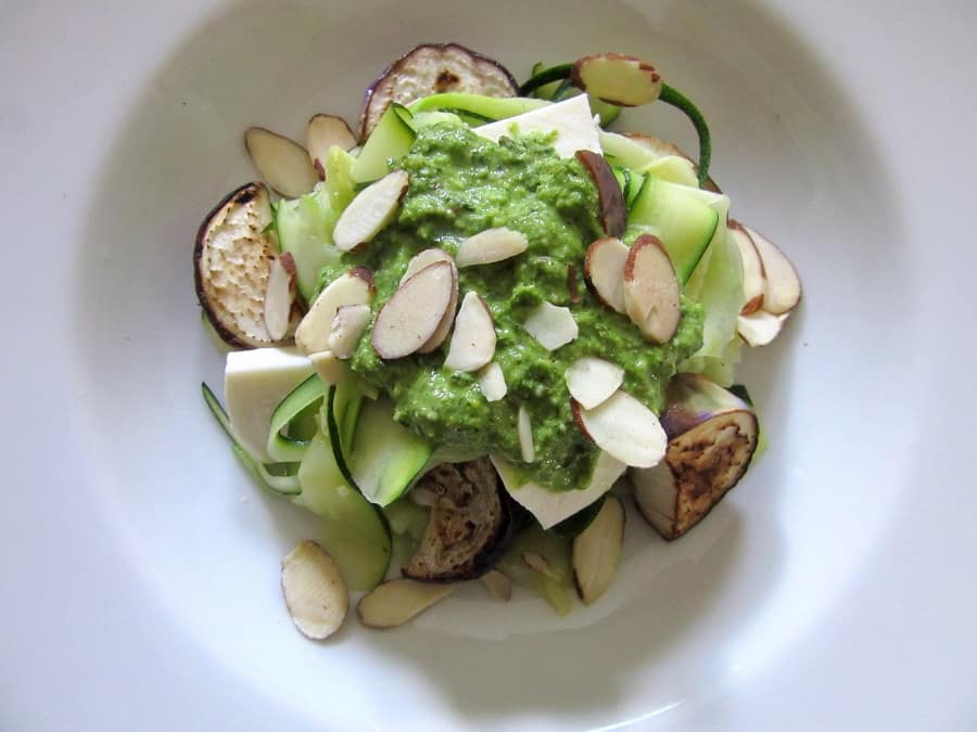 This pesto eggplant zucchini pasta is summery and fresh, featuring silky zucchini, charred eggplant and lemony pesto.