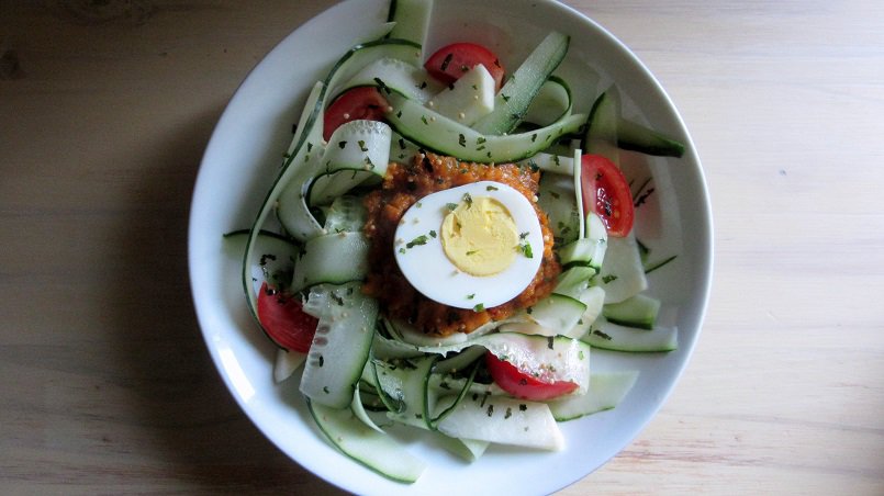 This kimchi cucumber naengmyeon is fresh and crunchy, with plenty of cold summer produce to offset the slightly spicy sauce.