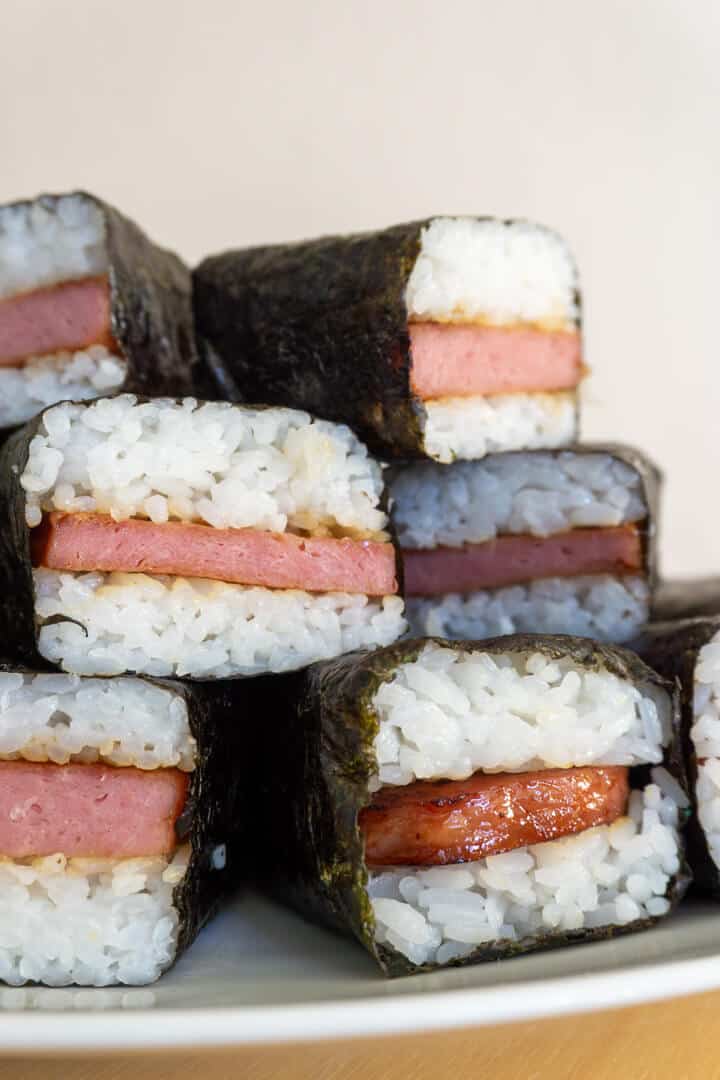 A pile of spam musubi, or Spam sushi.