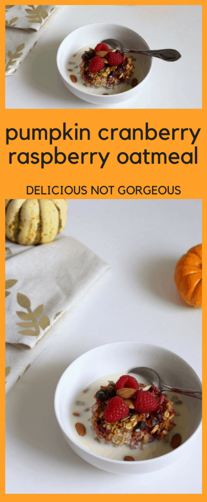 When I need something warm and cozy to start my day with, this pumpkin cranberry raspberry oatmeal is perfect. #bakedoatmeal #pumpkin #cranberry #raspberry #breakfast