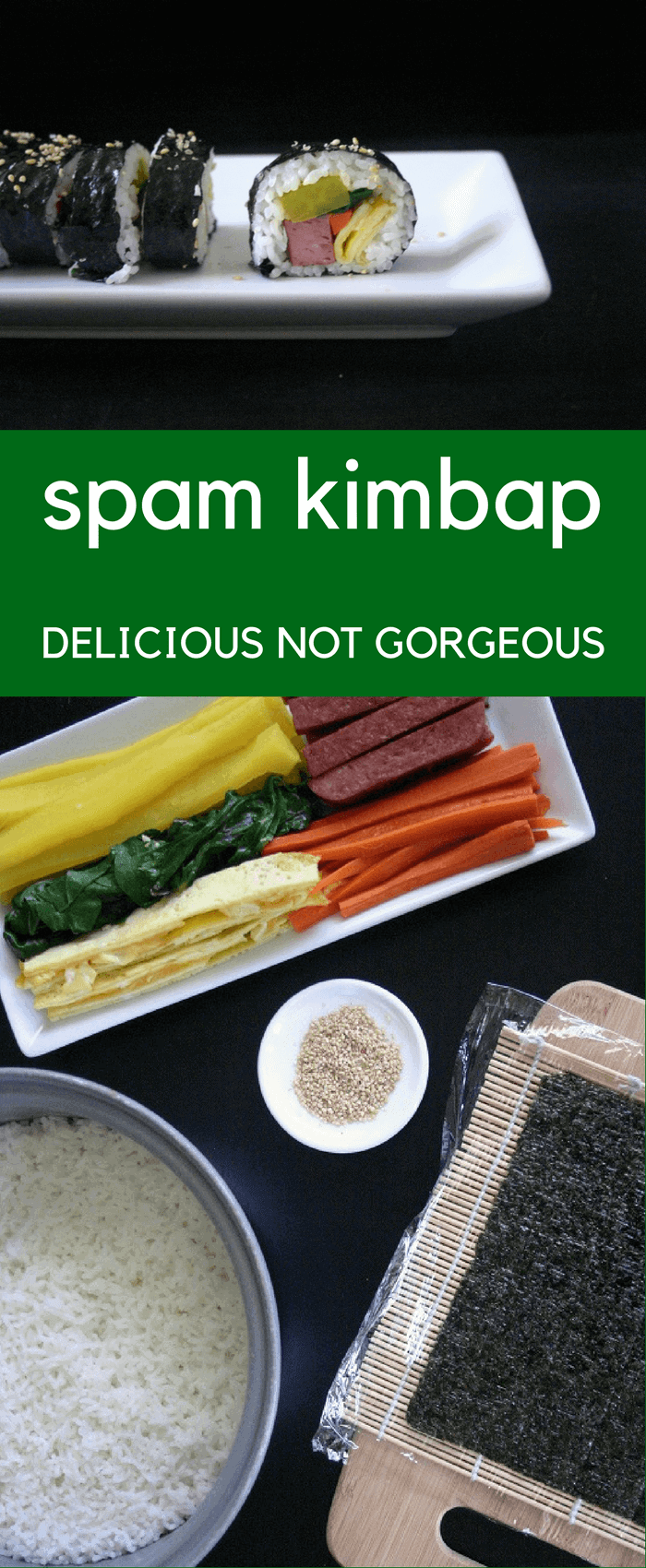 Spam kimbap, the cousin of Japanese sushi, is really tasty as a lunch or appetizer. #spam #kimbap #korean #sushi