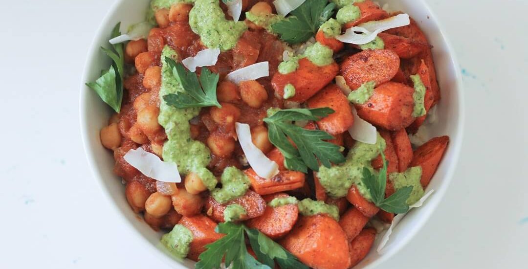 chickpea curry bowls with carrots and cilantro sauce