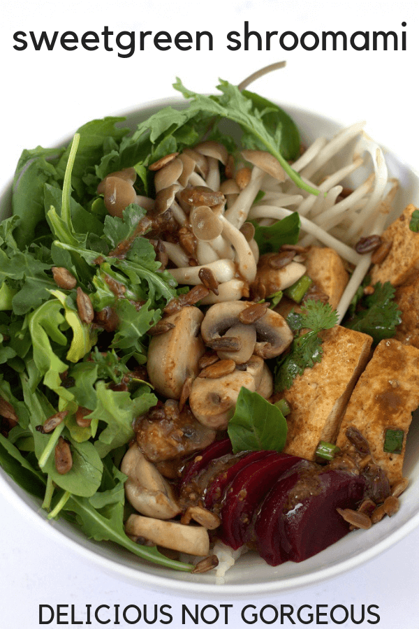 This sweetgreen Shroomami rice bowl has tons of veggies and an addictive miso ginger dressing. #ricebowls #mushrooms #lunch #asian