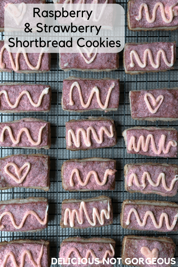 These raspberry strawberry cookies are all buttery shortbread, tart raspberry and sweet strawberry. #shortbreadcookies #cookies #valentinesday #raspberry #strawberry