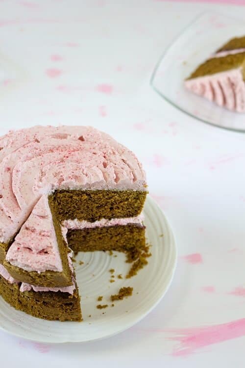 Decorate this matcha cake with raspberry rose cream however you want, or keep it easy by making it a naked cake and dragging the tip of a knife into the top like a rose. #matcha #cake #raspberry #rose #whippedcream