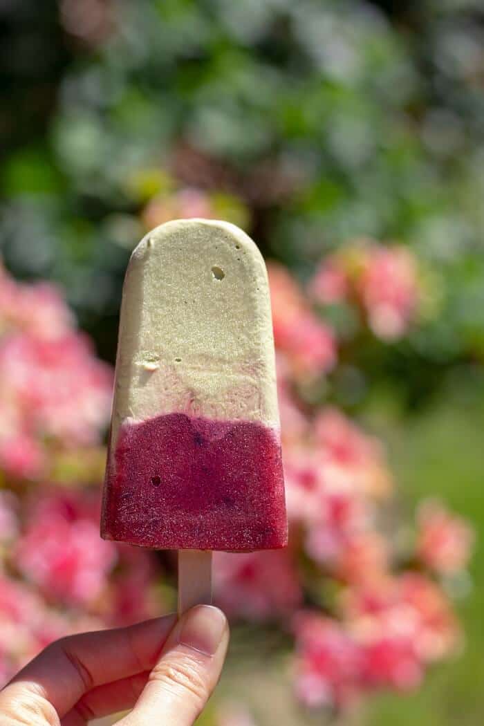 Enjoy the hot summer afternoons with refreshing matcha popsicles with cherry rose compote! #matcha #greentea #popsicles #cherry