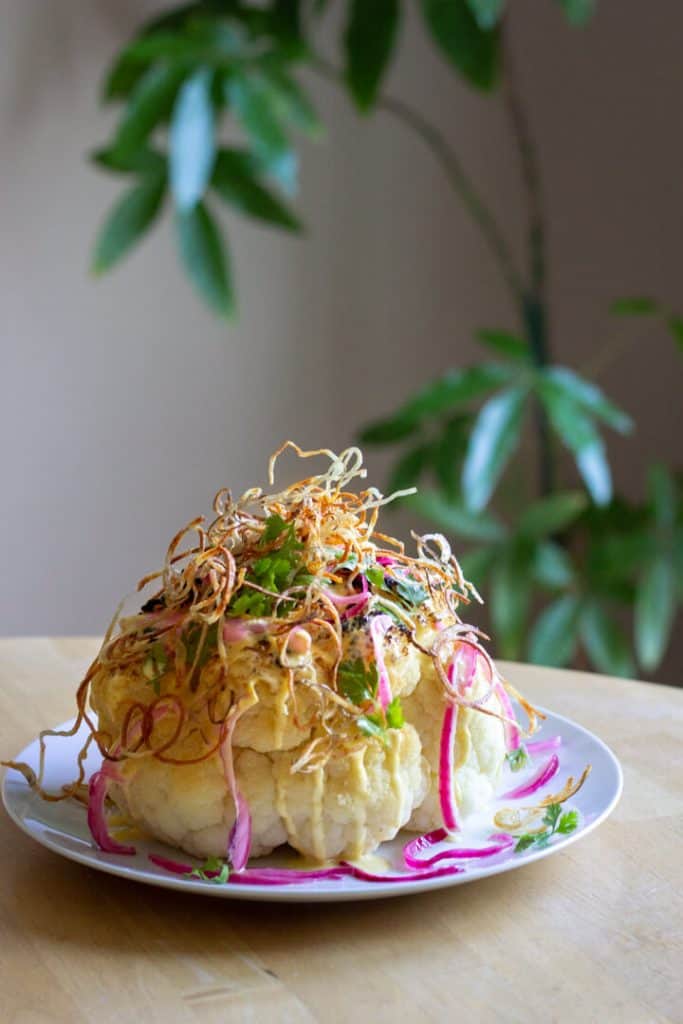 Whole Roasted Cauliflower with Hollandaise, Shoestring Potatoes and