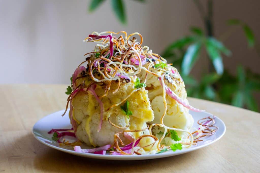 Whole Roasted Cauliflower with Hollandaise, Shoestring Potatoes and