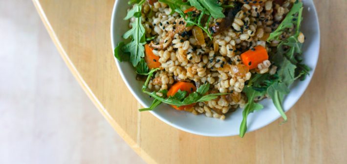 This miso barley pilaf with mushrooms is savory and hearty, perfect for lunching on a cool autumn afternoon.