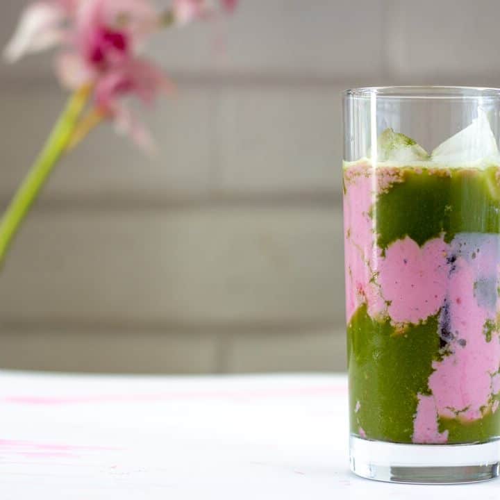 This matcha rose latte is a delicious balance of strong matcha and creamy rose-scented milk. #matcha #matchalatte #greentea