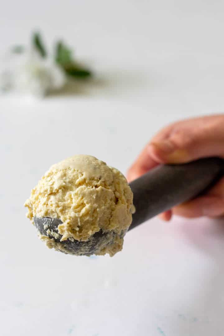 Ice cream in a spherical ice cream scoop.