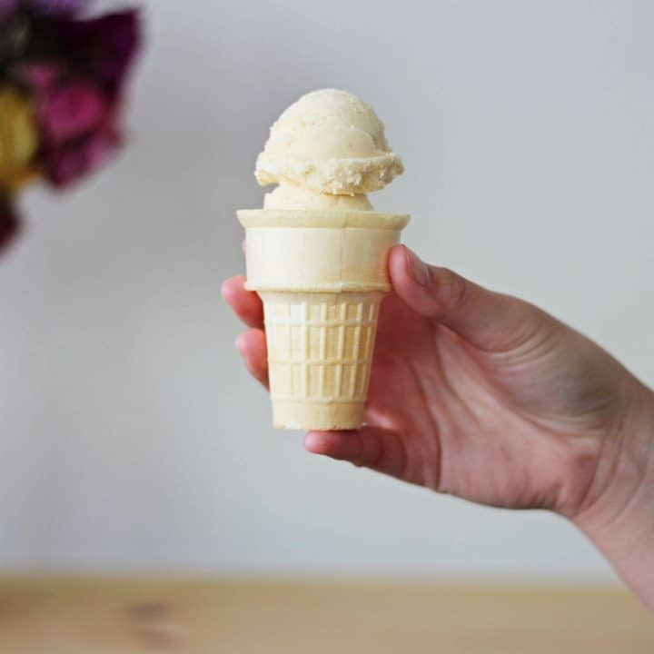 Hand holding an ice cream cone with two scoops of ice cream with a white vase filled with red flowers in the background.