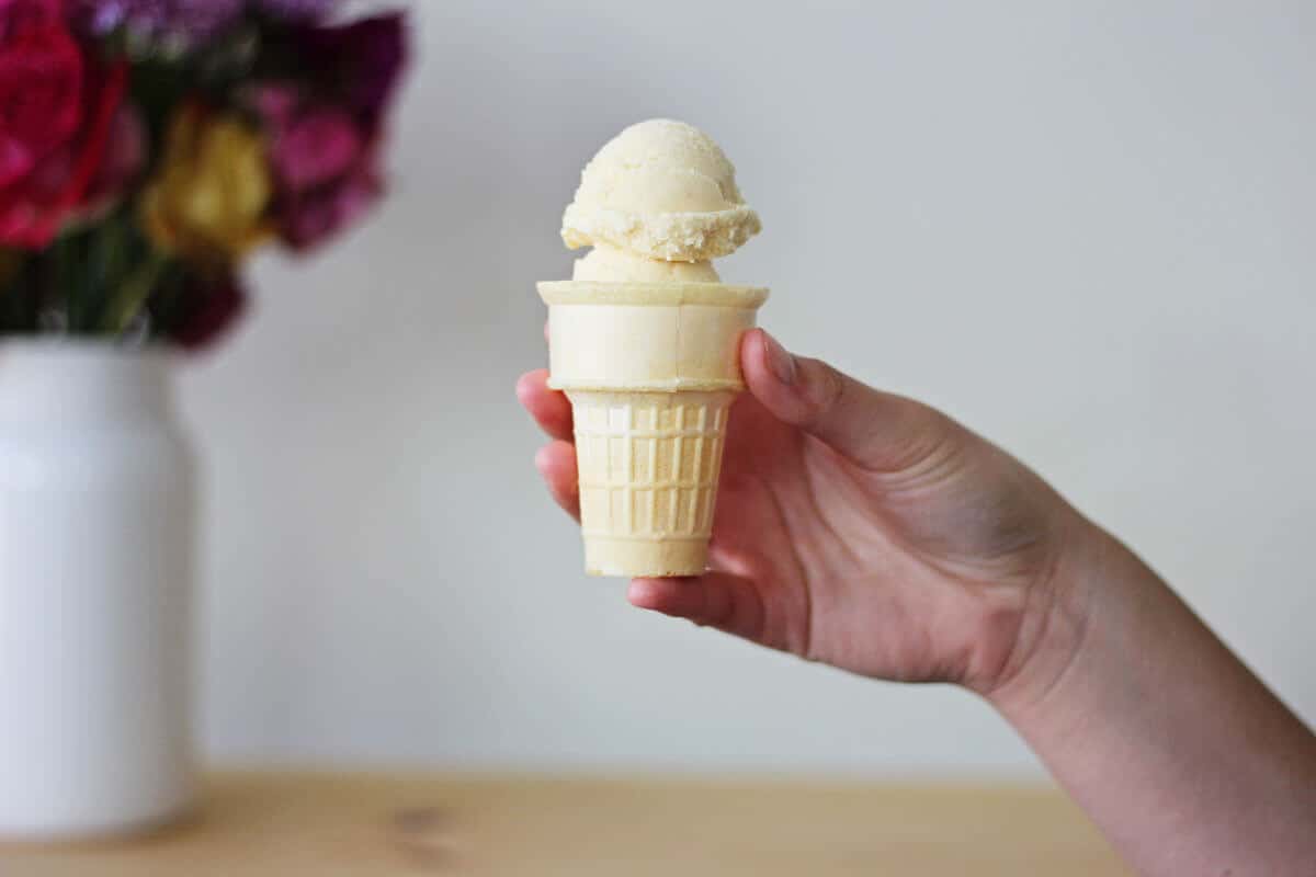 Hand holding an ice cream cone with two scoops of ice cream with a white vase filled with red flowers in the background.