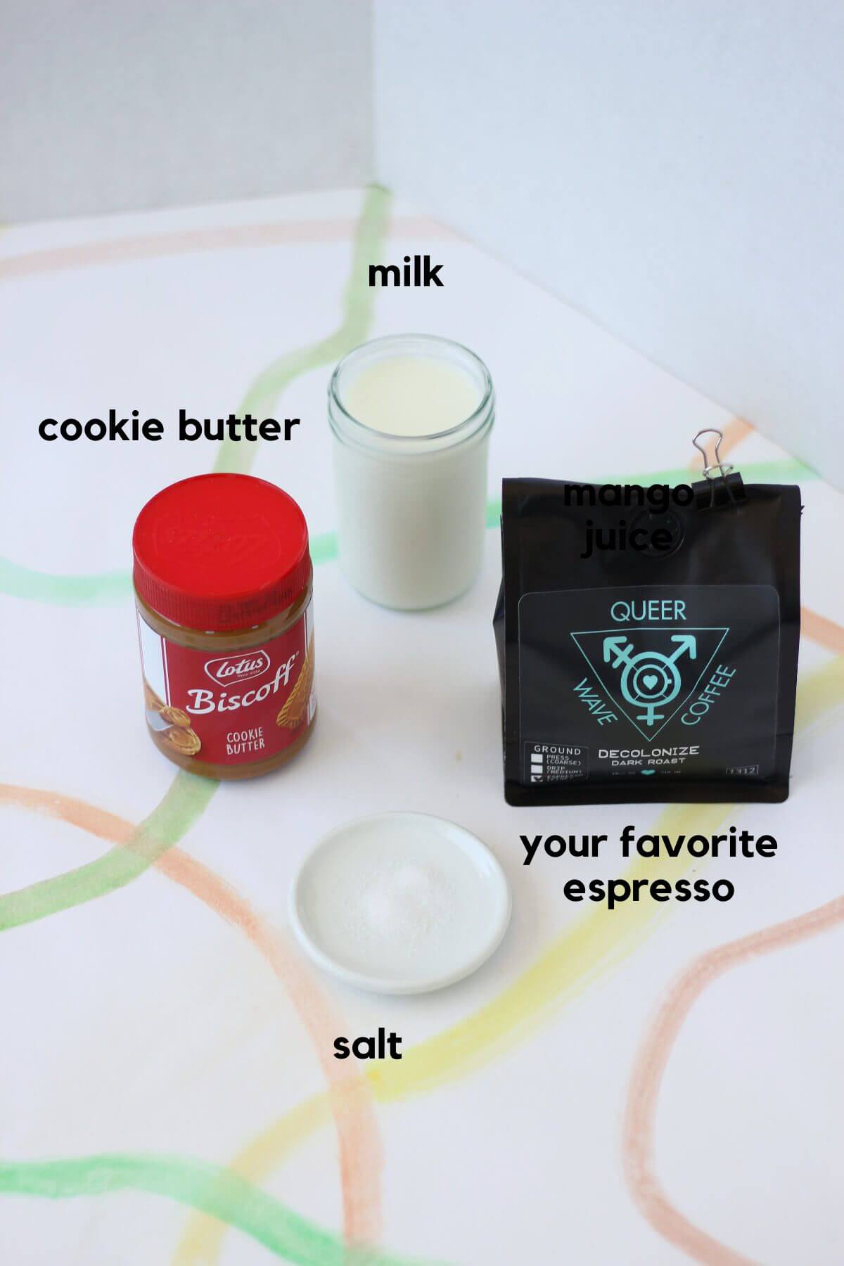 Ingredients needed for a Biscoff latte: coffee grounds, milk, cookie butter and salt. There's a label for each ingredient in the picture.
